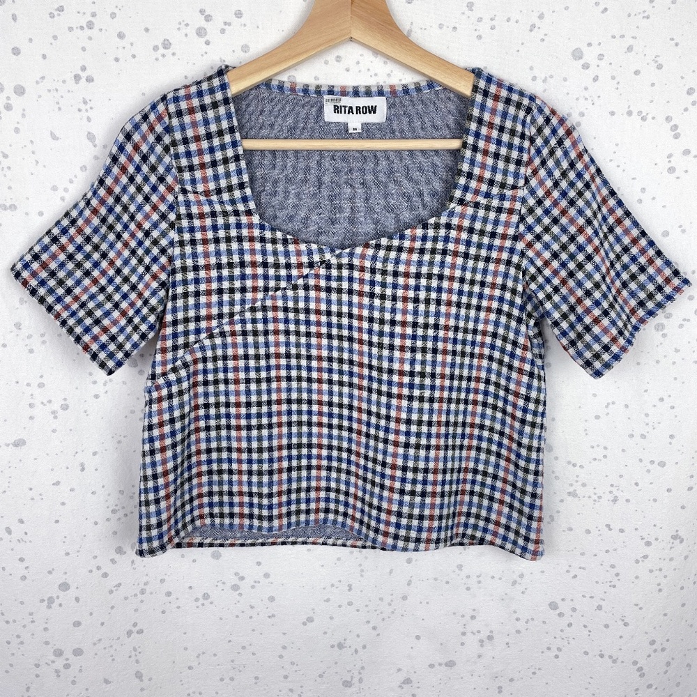 Rita Row Plaid Surplice Crop Top in Blue Multi M